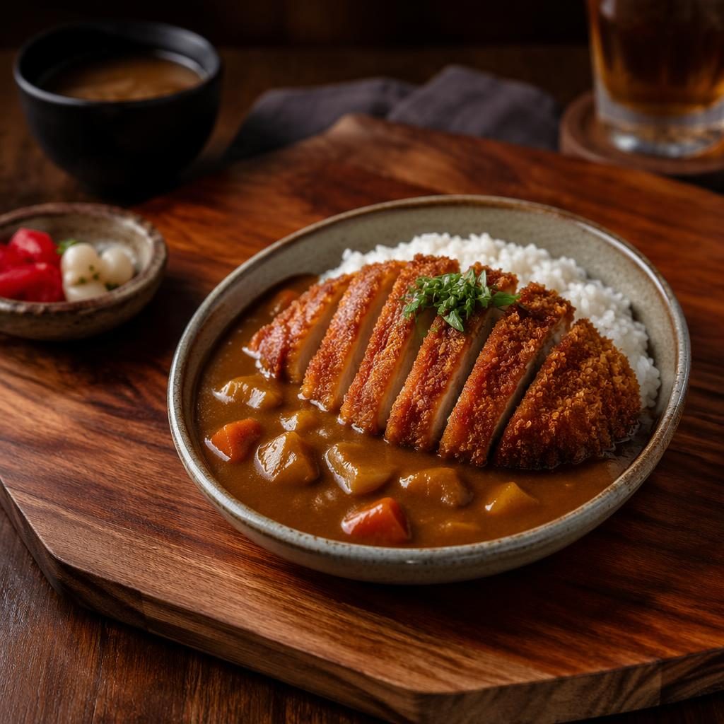 Editorial food photo of a plated curry on a wooden board, straight-on hero angle, cozy lighting, sharp dish focus.