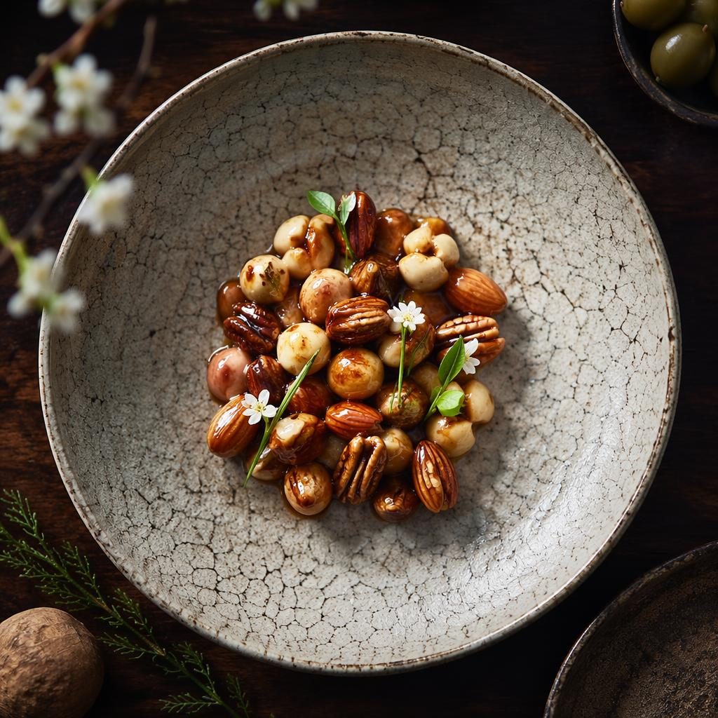 Top-down editorial photograph of a Japanese kaiseki dish with artful nut elements, rustic earthy styling, and natural light.