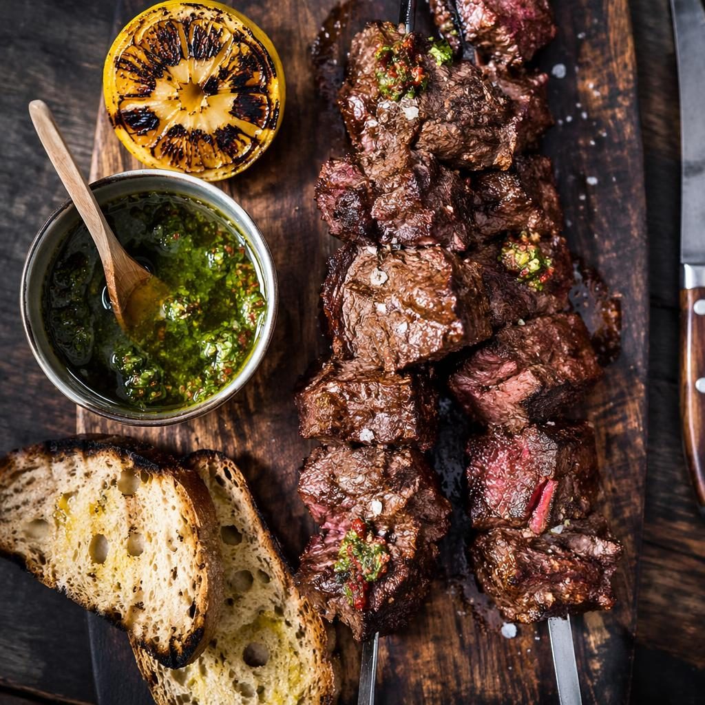 Photo viandes en vue de dessus, plat street food rustique, lumière naturelle, couleurs appétissantes