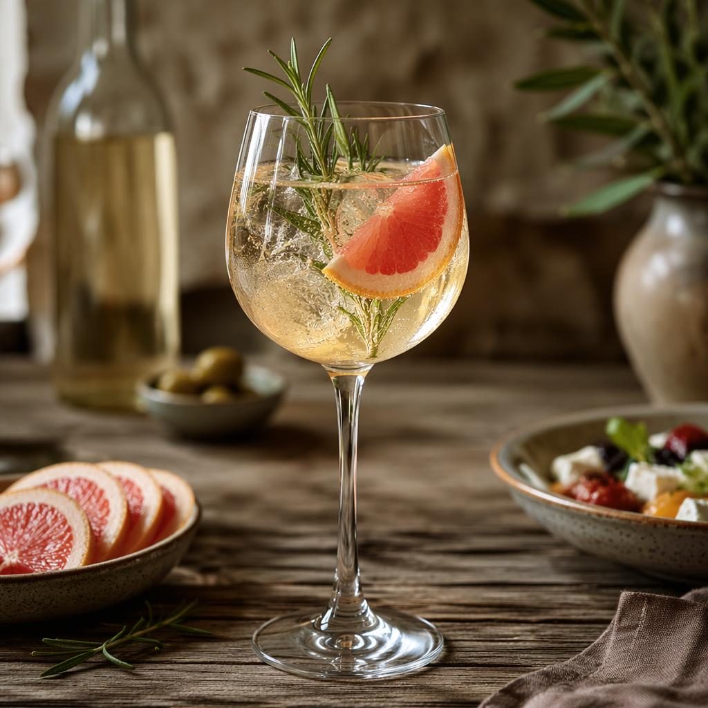 Straight-on editorial photo of a Mediterranean styled drink in natural light with a cozy mood and blurred restaurant background.
