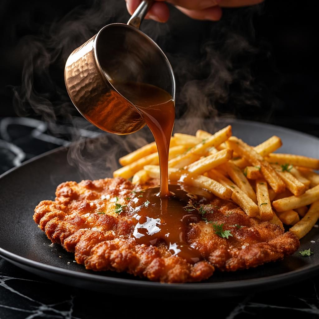 Plato de milanesas con papas fritas en emplatado asian fusion, vapor visible, luz natural y fondo desenfocado