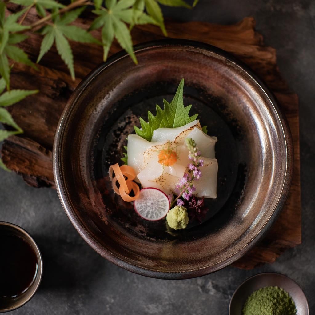 Japanisches Kaiseki-Gericht in präziser Michelin-Anrichtung, als Flat Lay von oben im rustikal-erdigen Licht