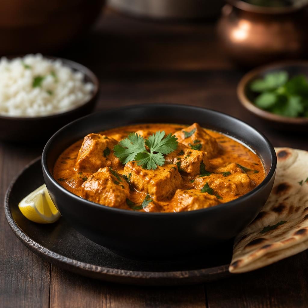 Straight-on editorial photo of a Mediterranean curry dish with minimal plating, natural light, and a blurred cozy background.