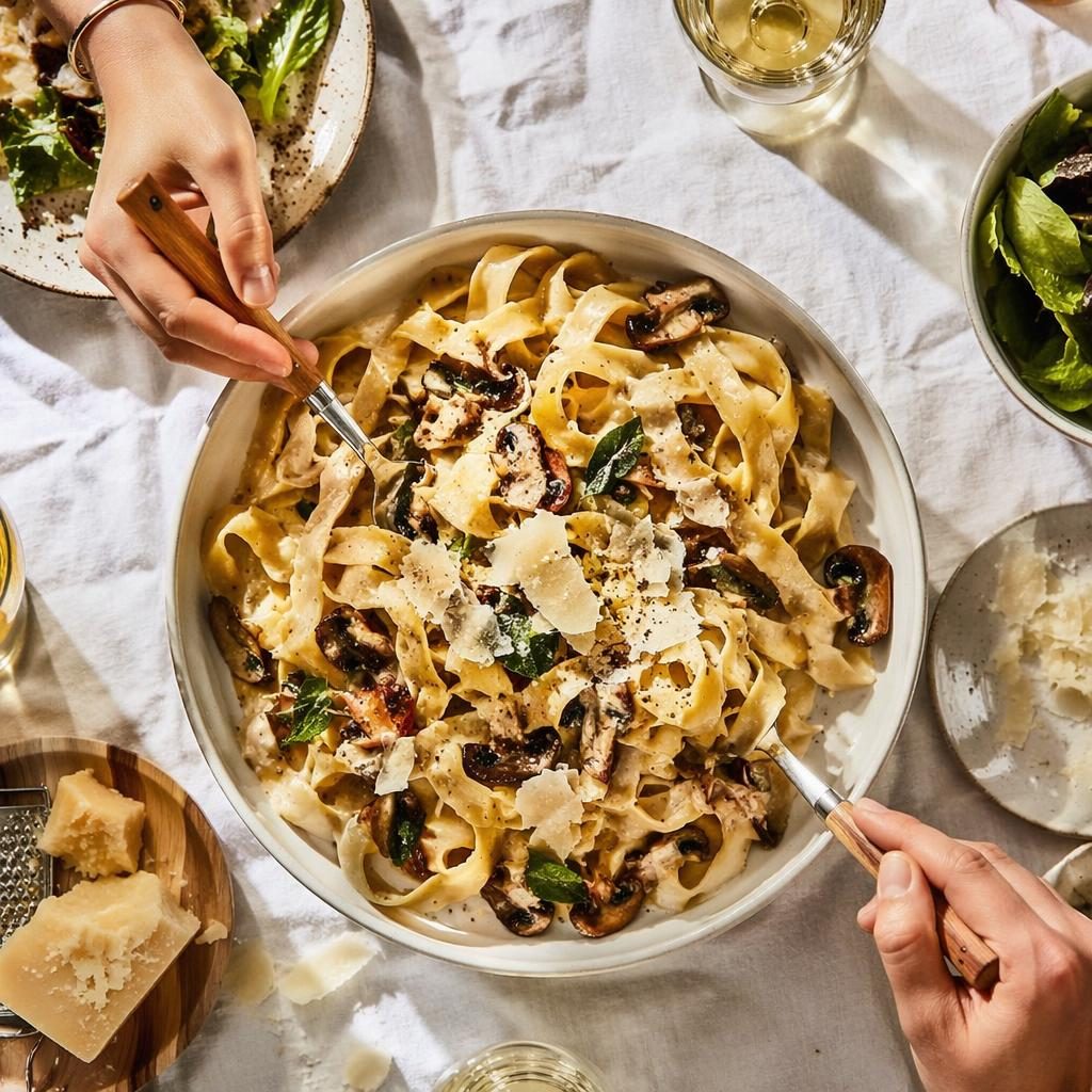 Overhead editorial photo of a rustic Italian dish with generous plating, hands in frame, bright natural light.