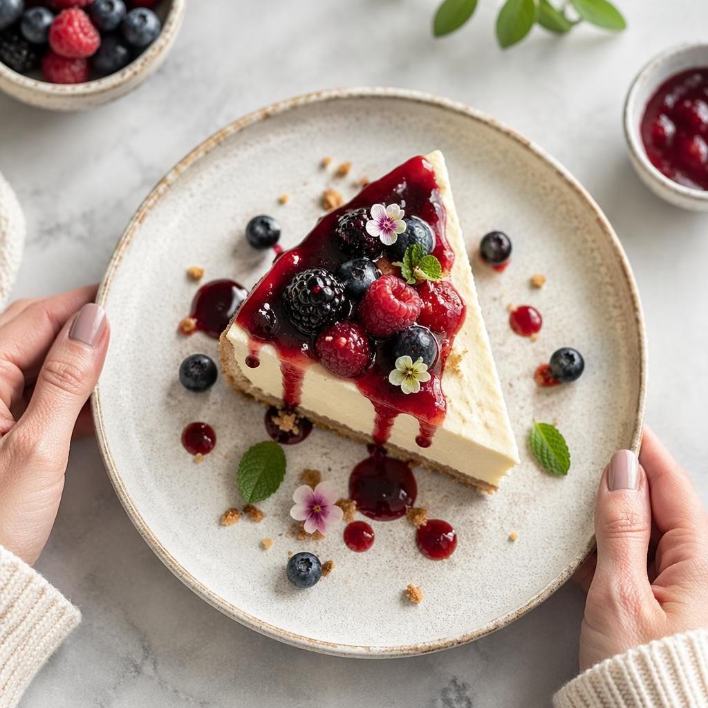 Overhead editorial photo of a vegan cheesecake on a classic ceramic plate with hands in frame, bright natural light.