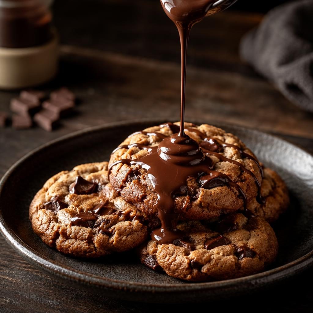 Moody editorial photo of plated cookies in a modern bistro setting with dramatic light, sharp focus, and soft steam.
