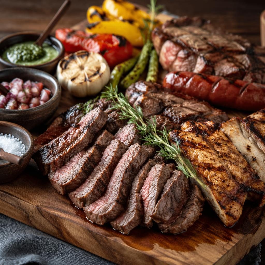 Plato de carnes asadas con presentación francesa elegante, luz natural, enfoque nítido y fondo desenfocado