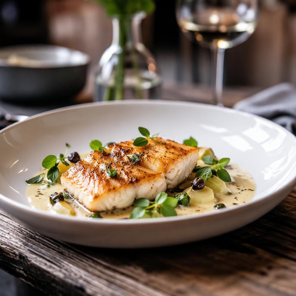 Editorial food photo of a French fine dining dish at a 45-degree angle with natural light and a softly blurred restaurant background.