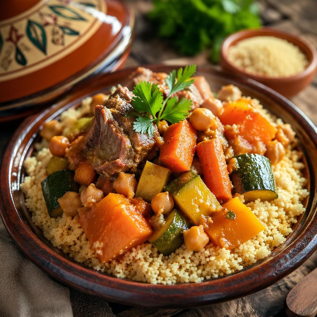 Foto cuscus en plato de cerámica clásica, primer plano macro, luz natural cálida y fondo desenfocado
