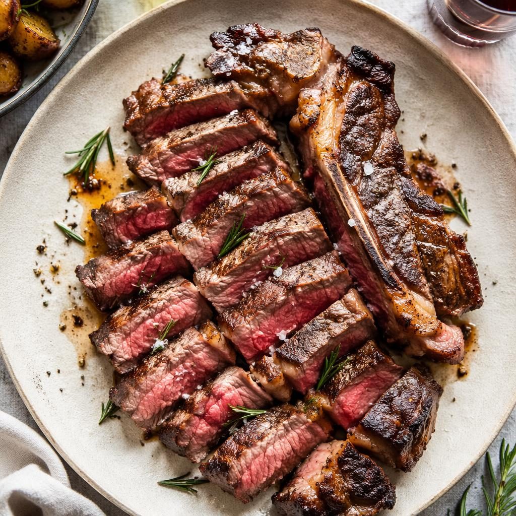 Overhead editorial photo of a big juicy steak on a rustic Italian plate, with hands in frame and bright natural light.