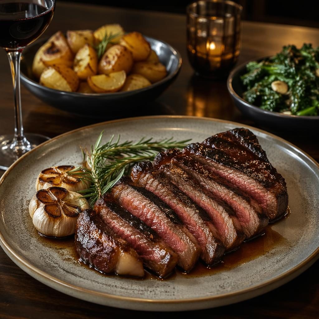 Foto de vajilla con plato de steakhouse de emplatado preciso, luz natural, enfoque nítido y fondo desenfocado