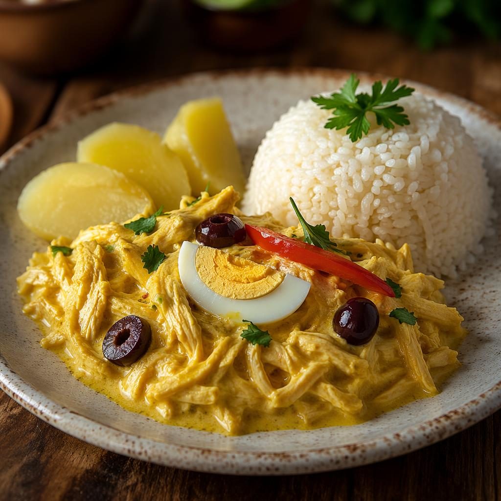 Plato de aji de gallina en primer plano, servido de forma rústica con luz natural cálida y fondo desenfocado.