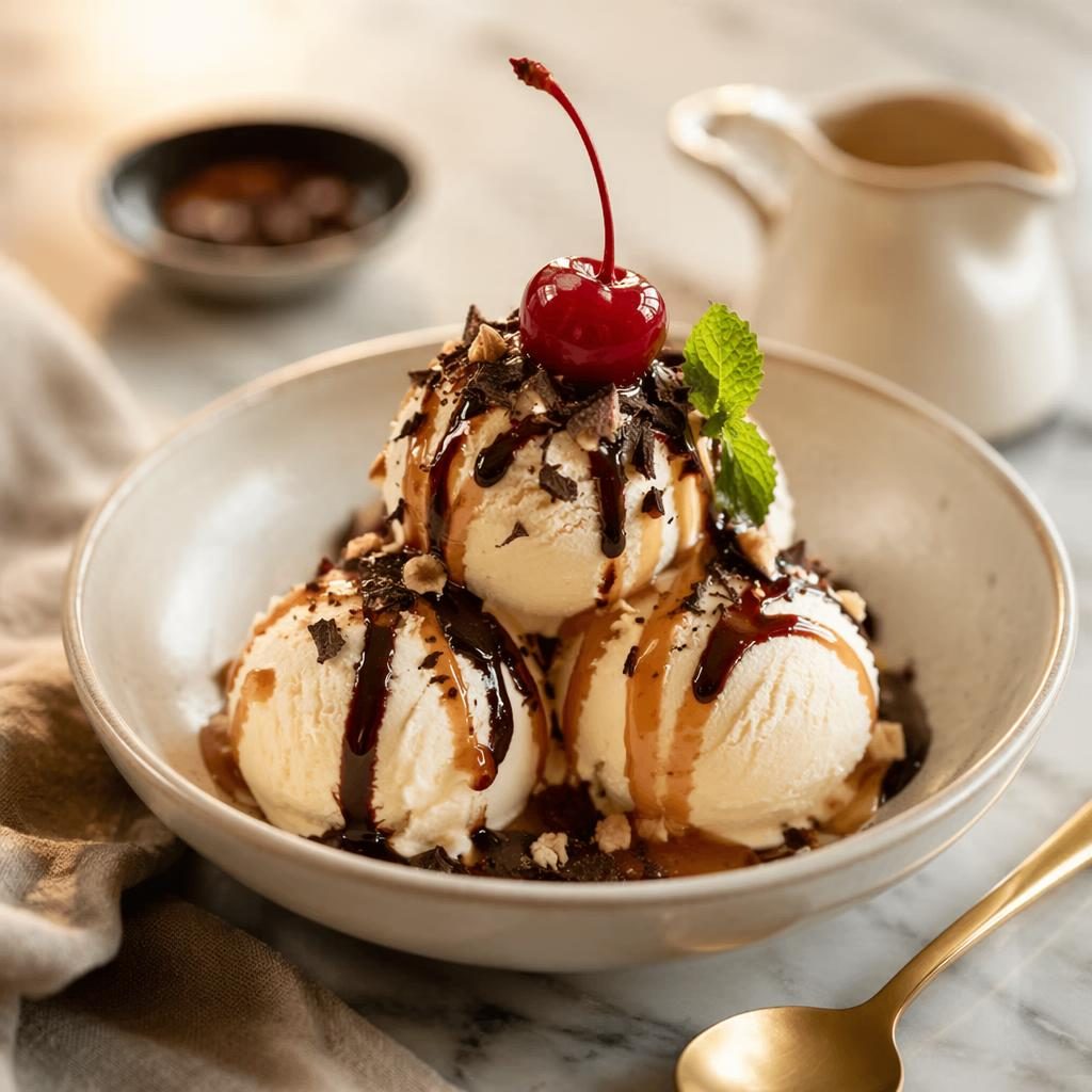 Editorial photo of elegantly plated ice cream at a 45-degree angle with natural light and a softly blurred cafe background.