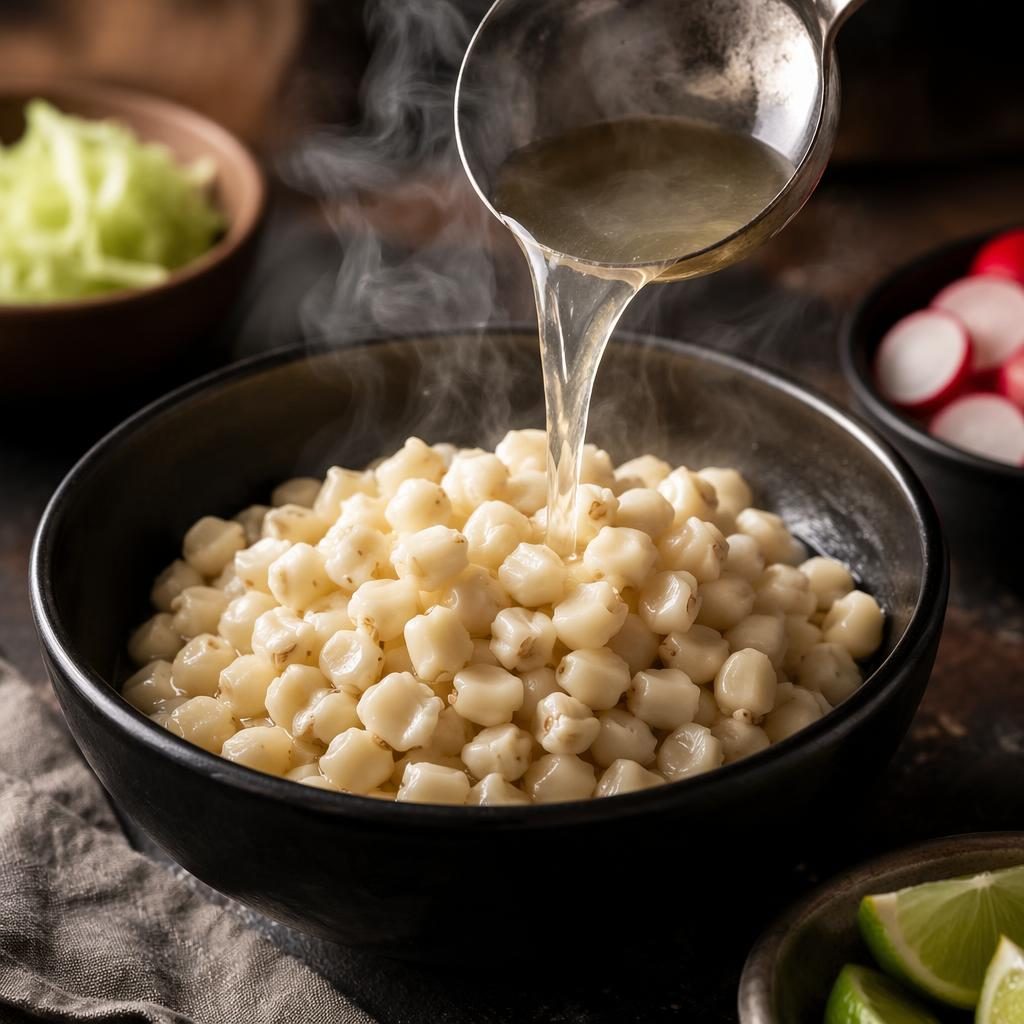 Plato editorial de maíz para pozole con vapor y vertido en escena, luz natural, fondo desenfocado y ambiente oscuro.