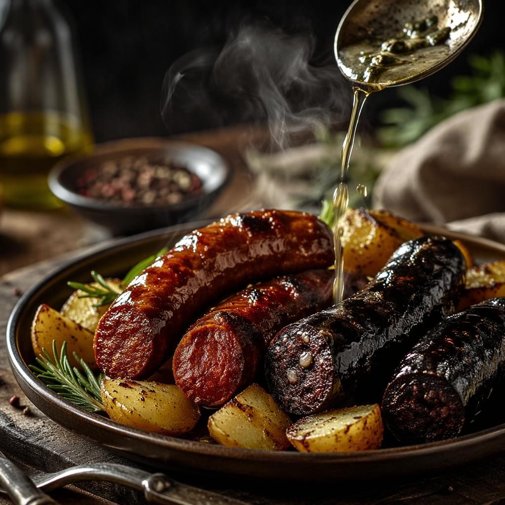 Plato editorial con chorizos y morcillas, vapor visible, luz natural dramática y fondo desenfocado