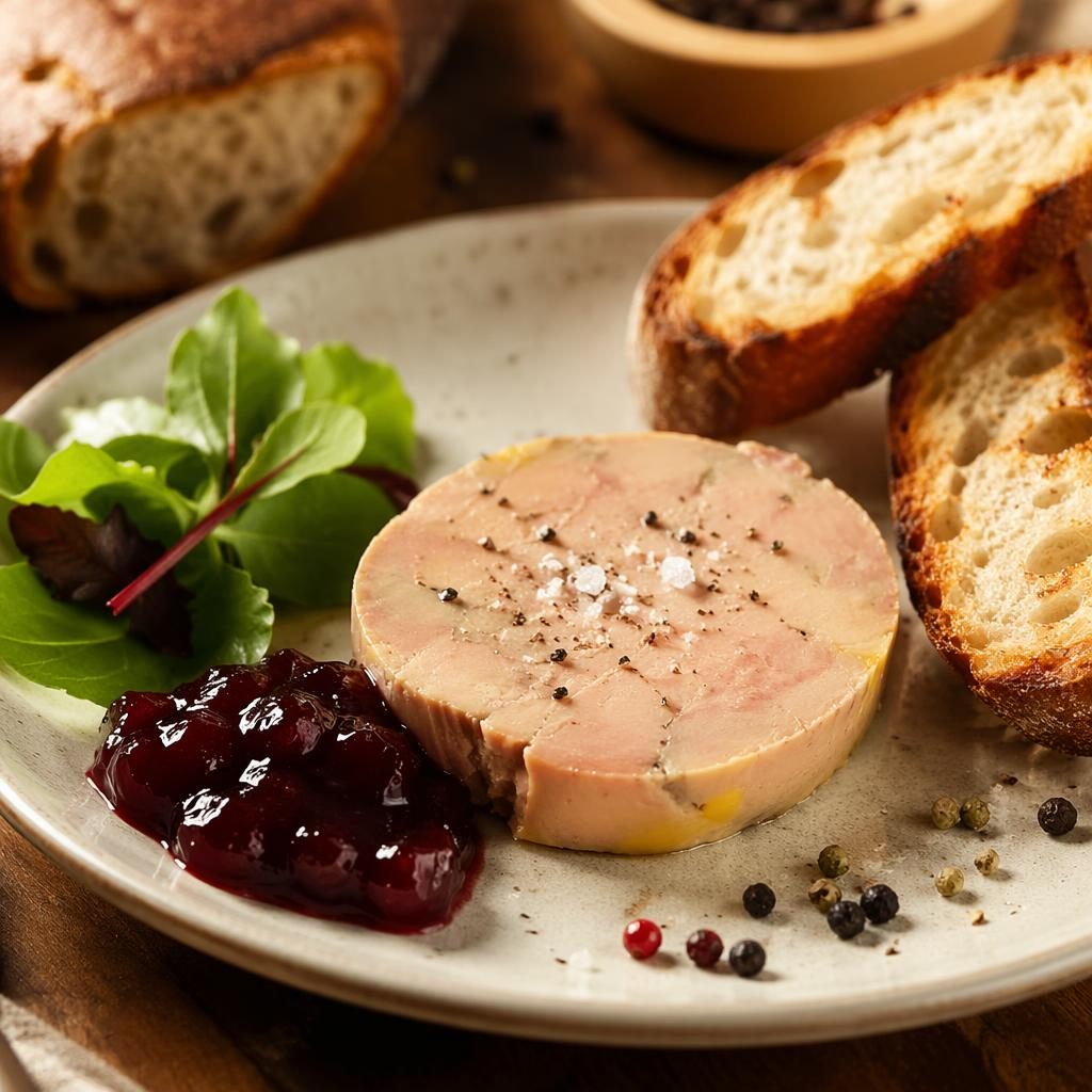 Gros plan macro d’une assiette de foie gras au dressage simple, lumière naturelle chaude et arrière-plan flou.