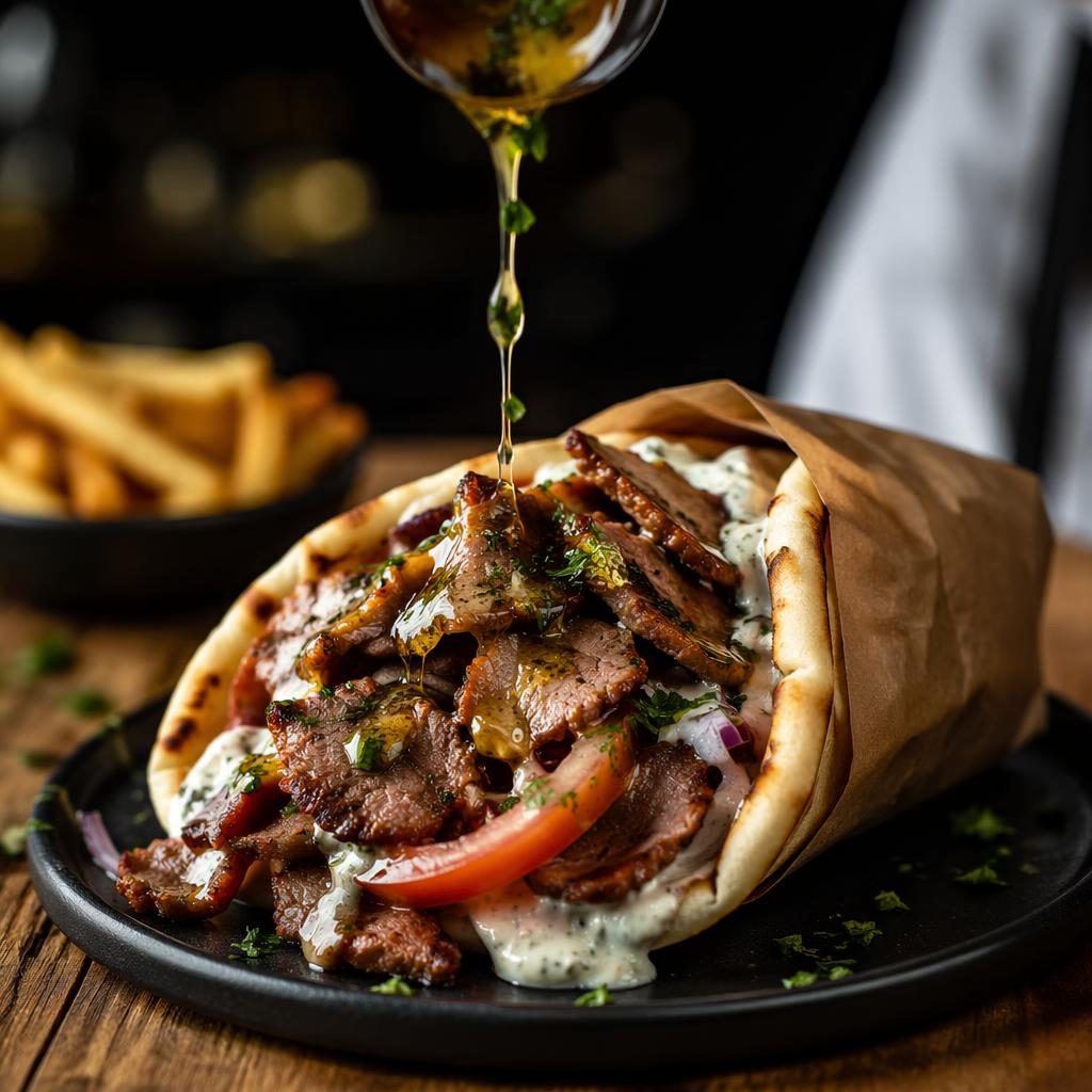 Editorial photo of a gyro dish in a modern bistro setting with dramatic dark mood, steam, sharp focus, and blurred background.