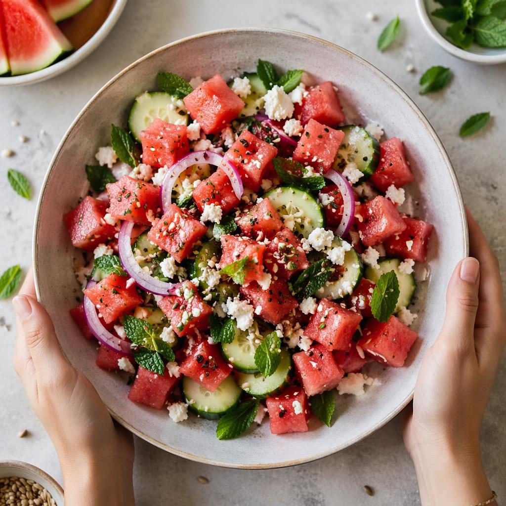 Overhead editorial photo of a plated vegan watermelon dish on classic ceramic plates with hands in frame, bright natural light.