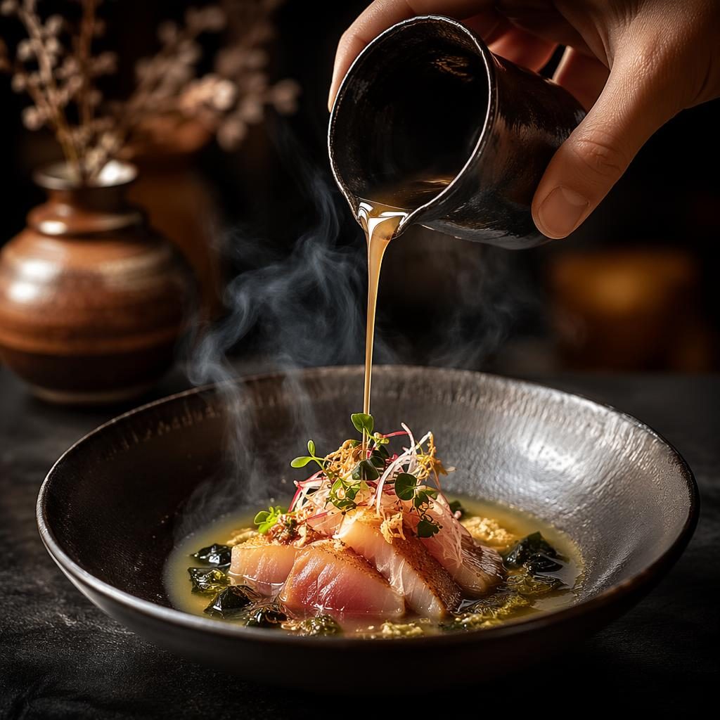 Plato asian fusion con emplatado preciso, salsa en vertido, vapor visible y fondo oscuro desenfocado