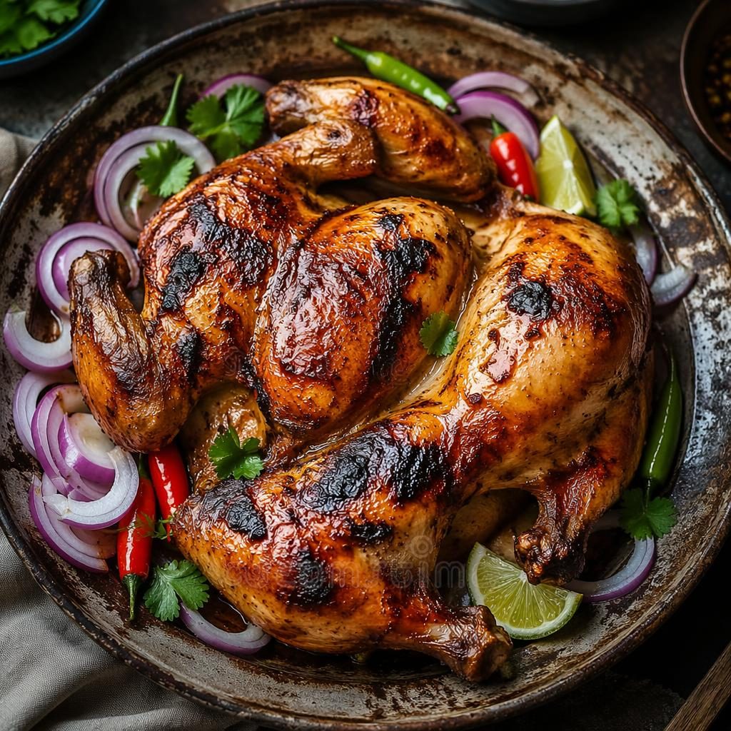 Photo d un poulet en style street food, vue du dessus, dressage authentique sur table rustique aux tons terreux