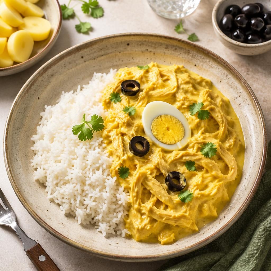 Aji de gallina vegano en plato cerámico, vista cenital con manos, luz natural brillante y fondo desenfocado.