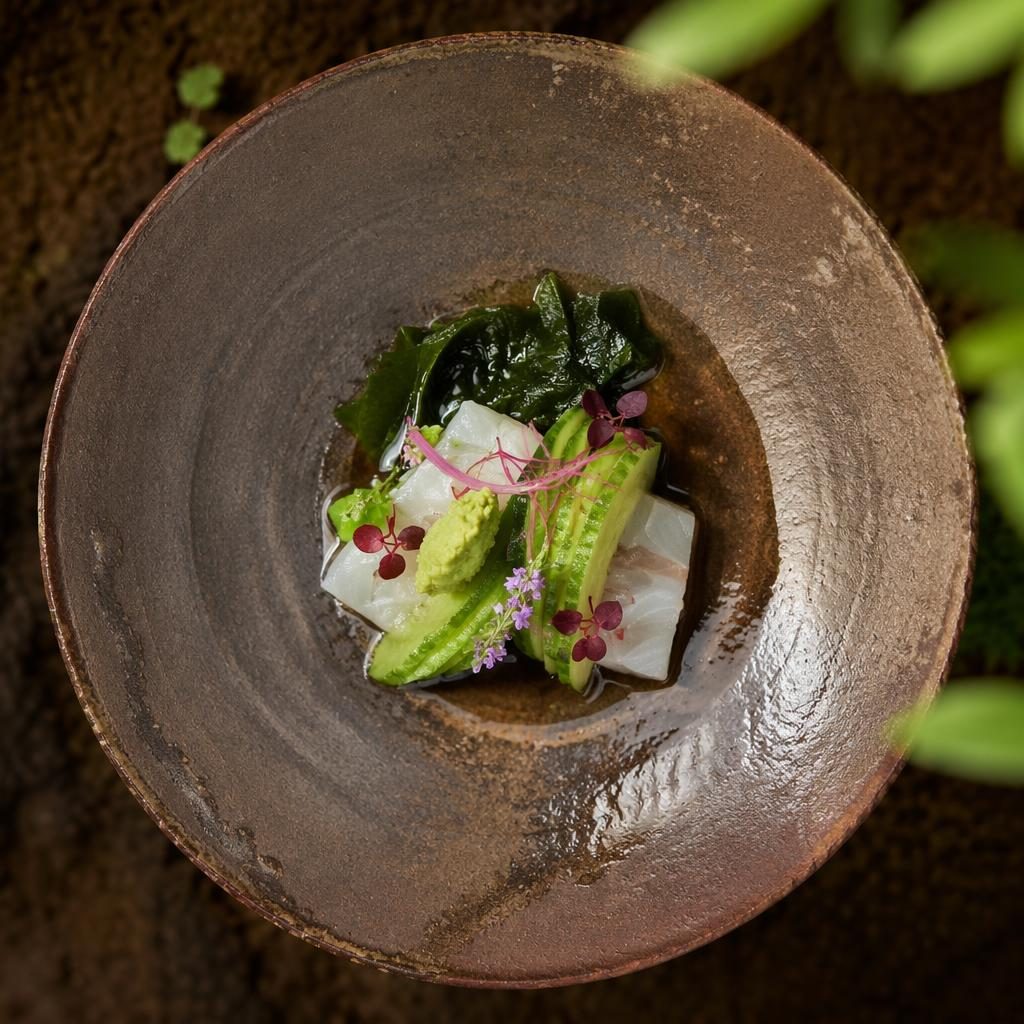 Pohled shora na precizně servírovaný japonský kaiseki chod v rustikální náladě, ostré jídlo, jemně rozostřené pozadí.