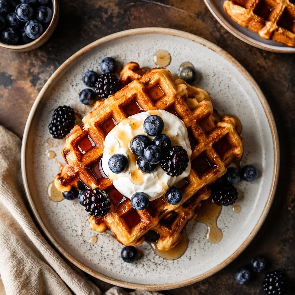 Top-down editorial photo of plated street food waffles on minimal rustic tableware in natural light.