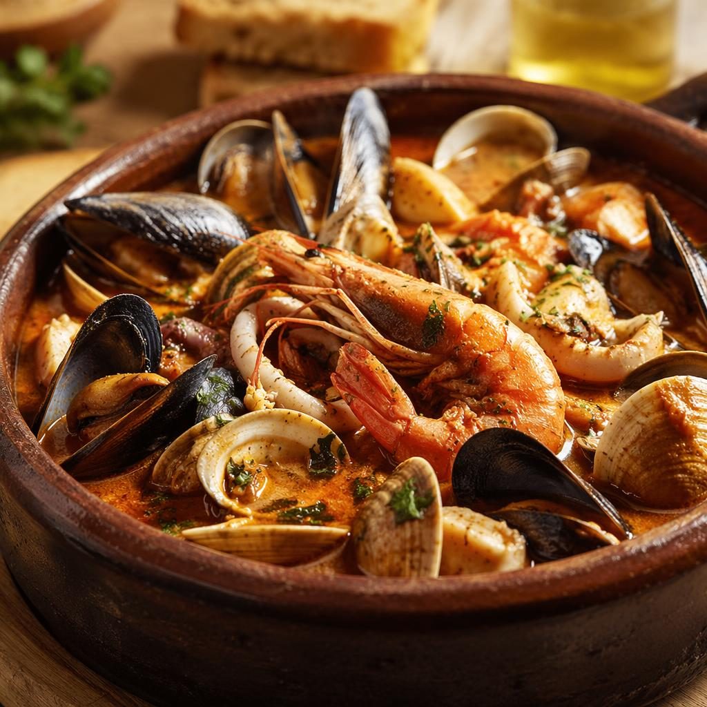 Primer plano de cazuela de mariscos con porción abundante, luz natural cálida y fondo desenfocado rústico