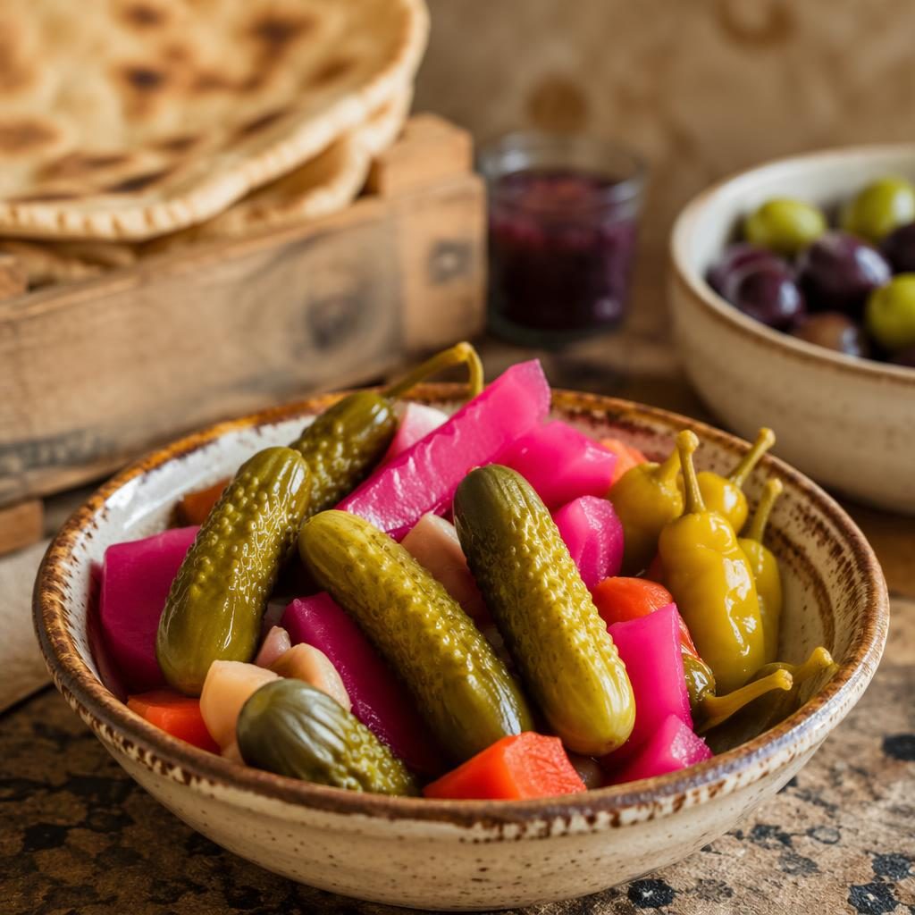 Straight-on editorial photo of a Mediterranean street food dish with pickles, sharp focus, cozy natural light, blurred background