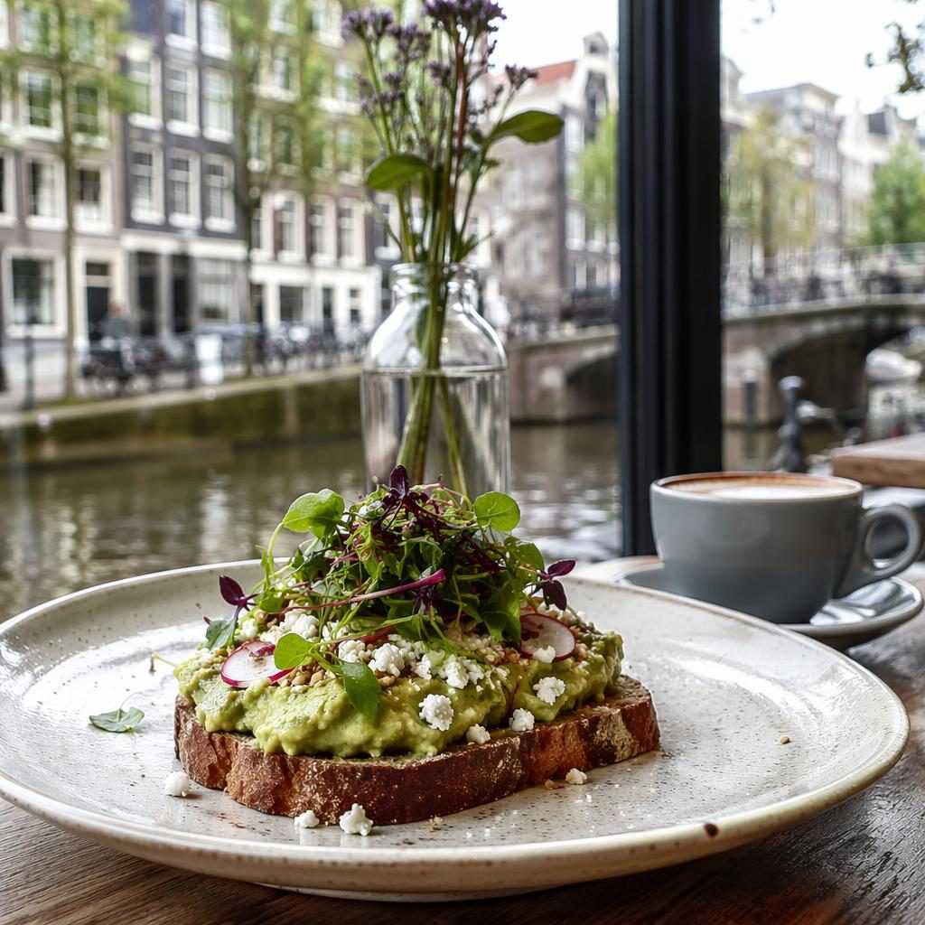 Editorial foto van een stijlvolle brunchschotel in een modern café aan de gracht in Amsterdam, met zacht vervaagde ramen