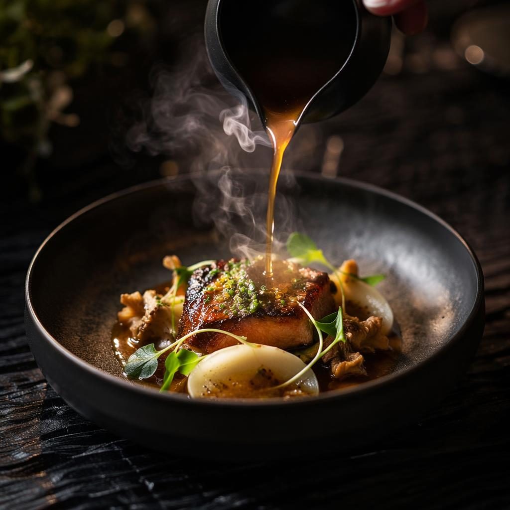 Dark moody editorial photo of an Asian fusion plated dish with steam and sauce pour, sharp focus and blurred background.
