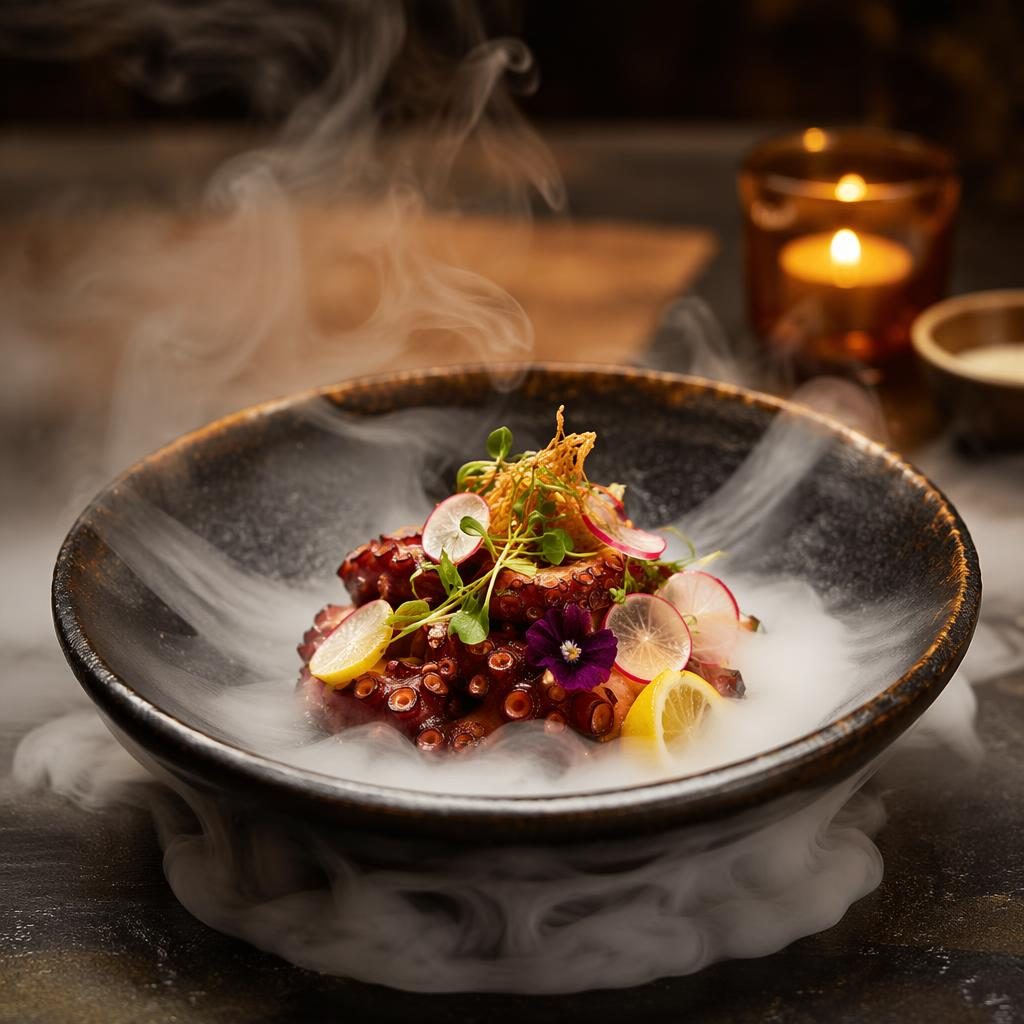 Straight-on editorial photo of a minimal Mediterranean dish with dry ice fog, cozy lighting, sharp focus, and blurred background.