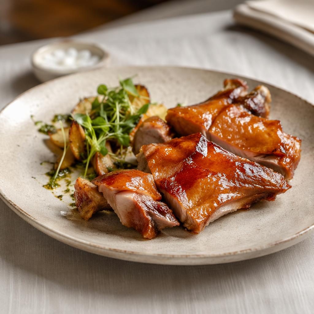 Plato de cochinillo al horno con emplatado elegante, luz natural, enfoque nítido y fondo desenfocado en ángulo de 45 grados.