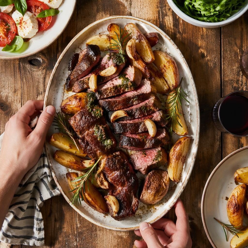 Assiette généreuse de viandes à l’italienne rustique, vue du dessus avec mains visibles, lumière naturelle douce