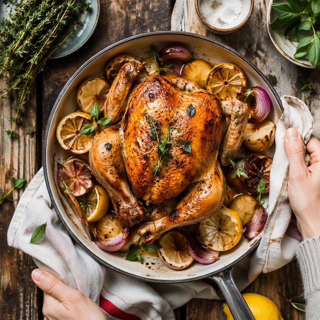 Overhead editorial photo of a rustic Italian chicken dish with generous plating, hands in frame, bright natural light