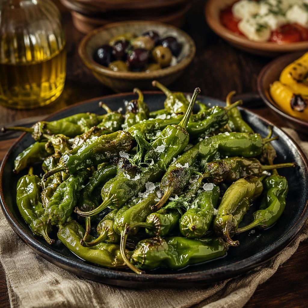 Straight-on editorial photo of a Mediterranean street-food dish with green peppers, sharp focus and cozy blurred background