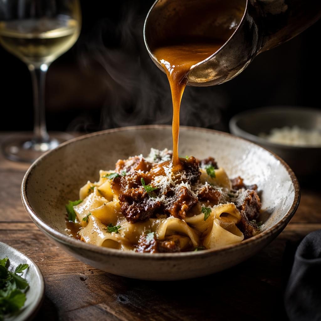 Editorial modern bistro dish with dynamic pour and steam, dark moody lighting, sharp focus, blurred restaurant background