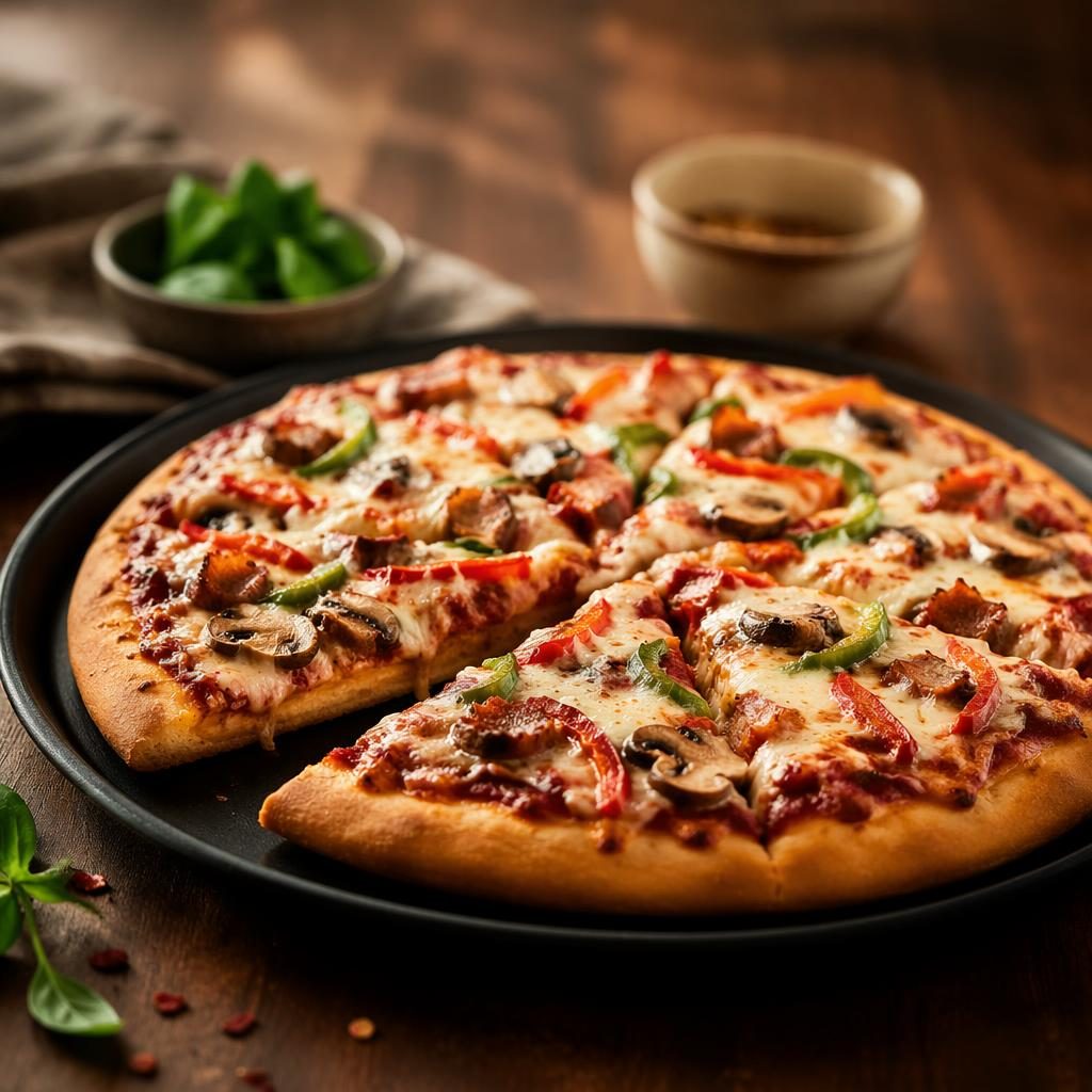 Editorial 45-degree photo of artisan-style pizza on an elegant plate with natural light and a softly blurred restaurant background.