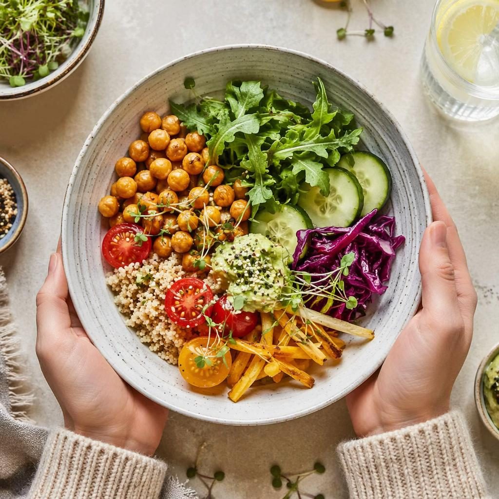 Overhead editorial photo of a vegan plated dish with hands in frame, bright natural light, airy styling, sharp focus.