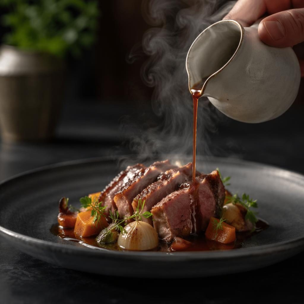 Plat de bistrot moderne en dressage minimal, sauce versée à table, vapeur visible, lumière naturelle et fond flou