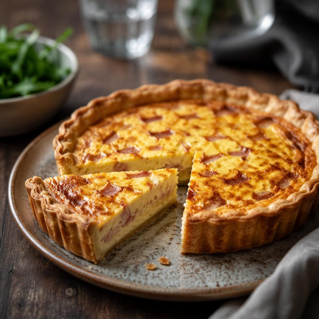 Photo éditoriale d une quiche lorraine sur assiette, angle 45 degrés, lumière naturelle, fond flou élégant