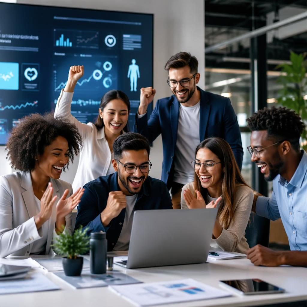 Équipe diverse de start-up santé tech célébrant un lancement produit dans un bureau moderne au style éditorial contrasté.
