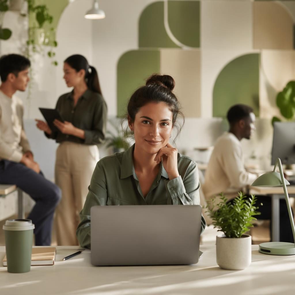 Gründer am Laptop in modernem Büro mit diversem Team, Editorial-Look in Salbei- und Cremetönen