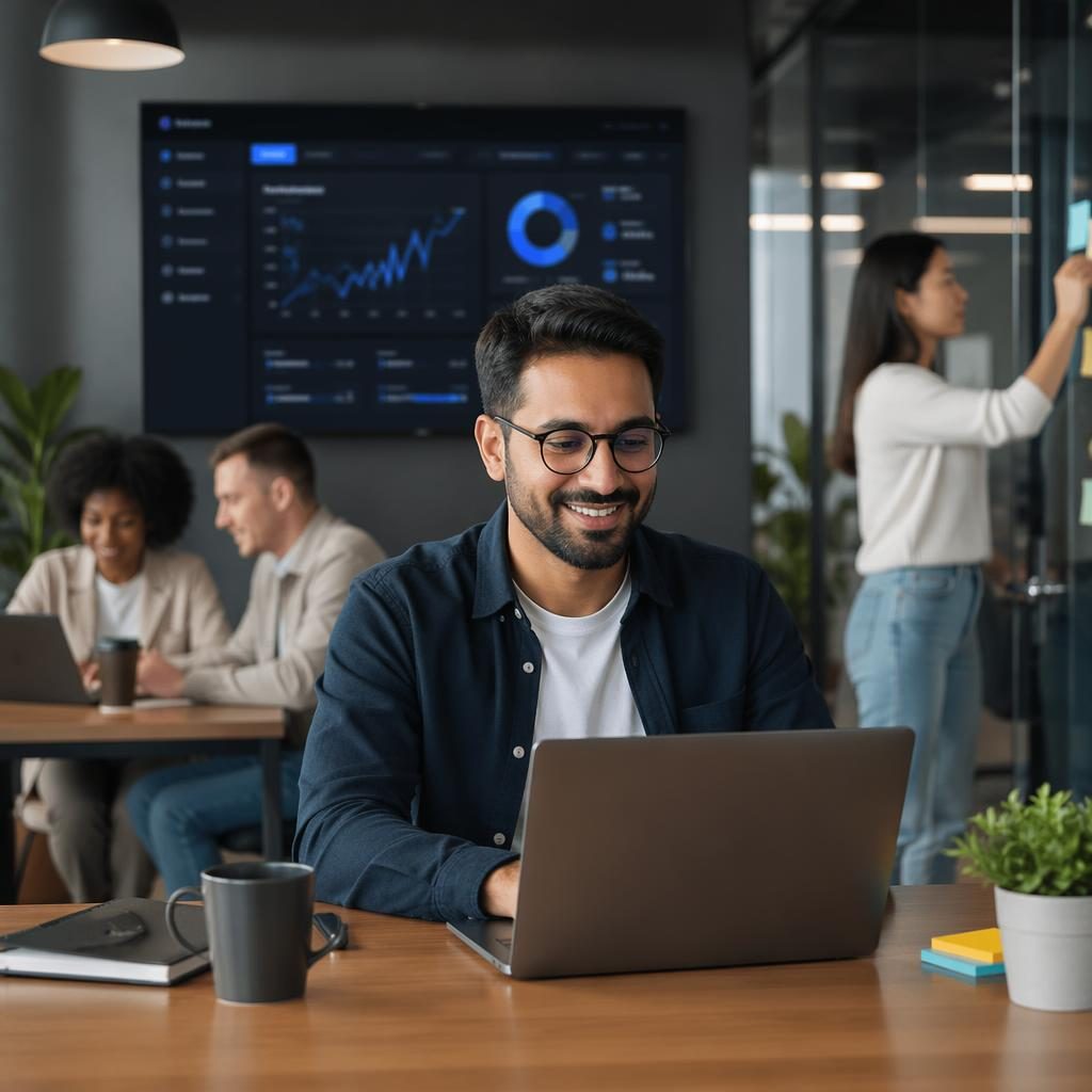 Founder working on a laptop in a modern office with a diverse startup team, blue and warm lighting, editorial style.