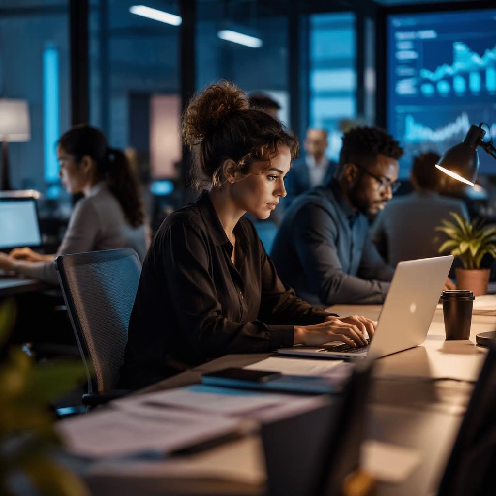 Diverses Startup-Team arbeitet konzentriert in modernem Büro, Tech-Blau und warme Töne, editorialer Fintech-Look