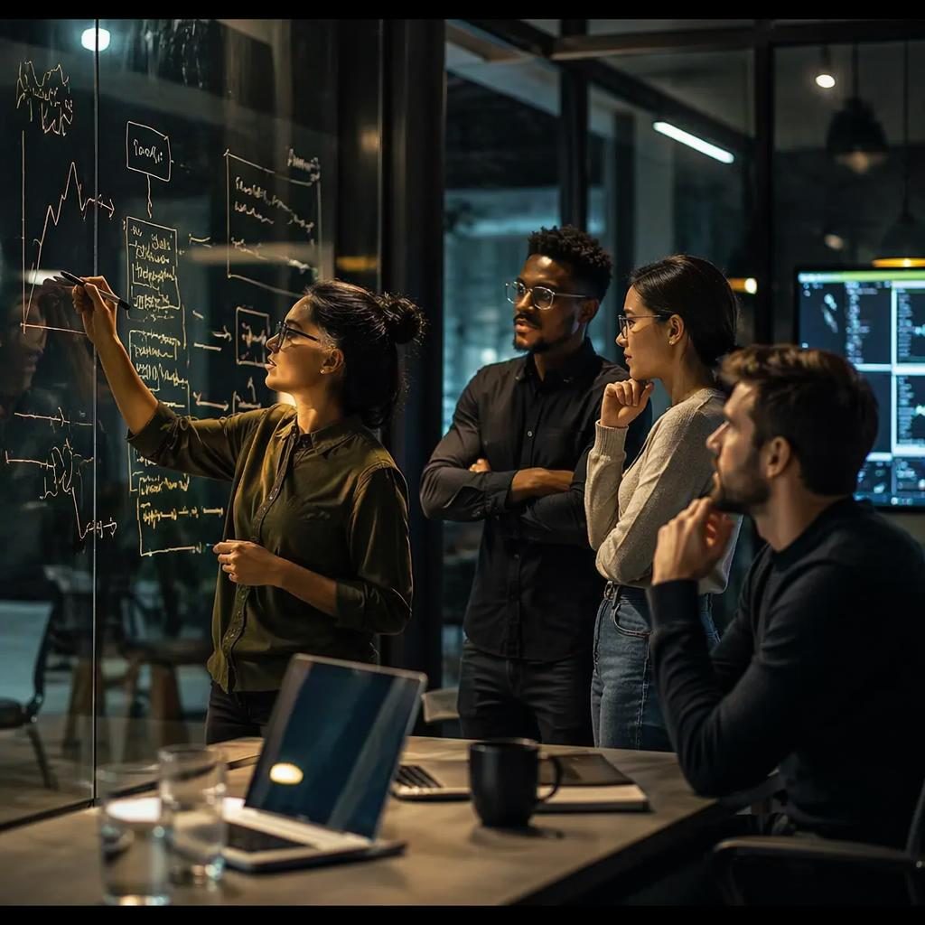 Équipe startup diverse en discussion devant un tableau blanc dans un bureau moderne, palette éditoriale sombre fintech