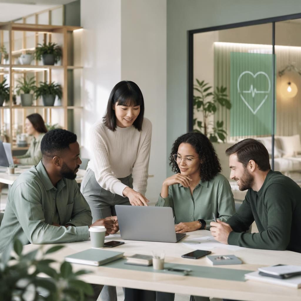 Équipe diverse en open office moderne, collaboration startup santé tech, tons sauge et crème, style éditorial