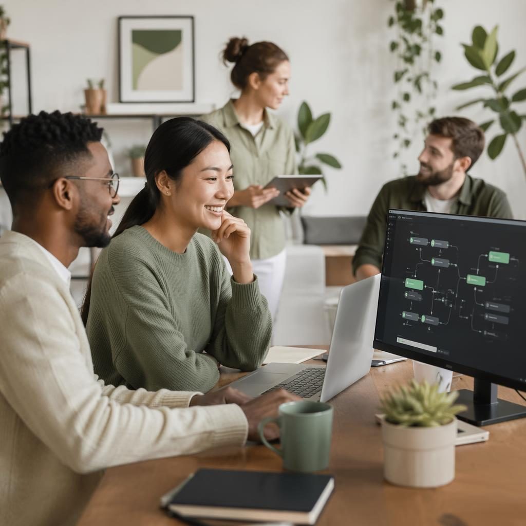 Diverses Startup-Team im modernen Homeoffice, sage-creme Farbpalette, Laptops, editoriale AI-SaaS Szene