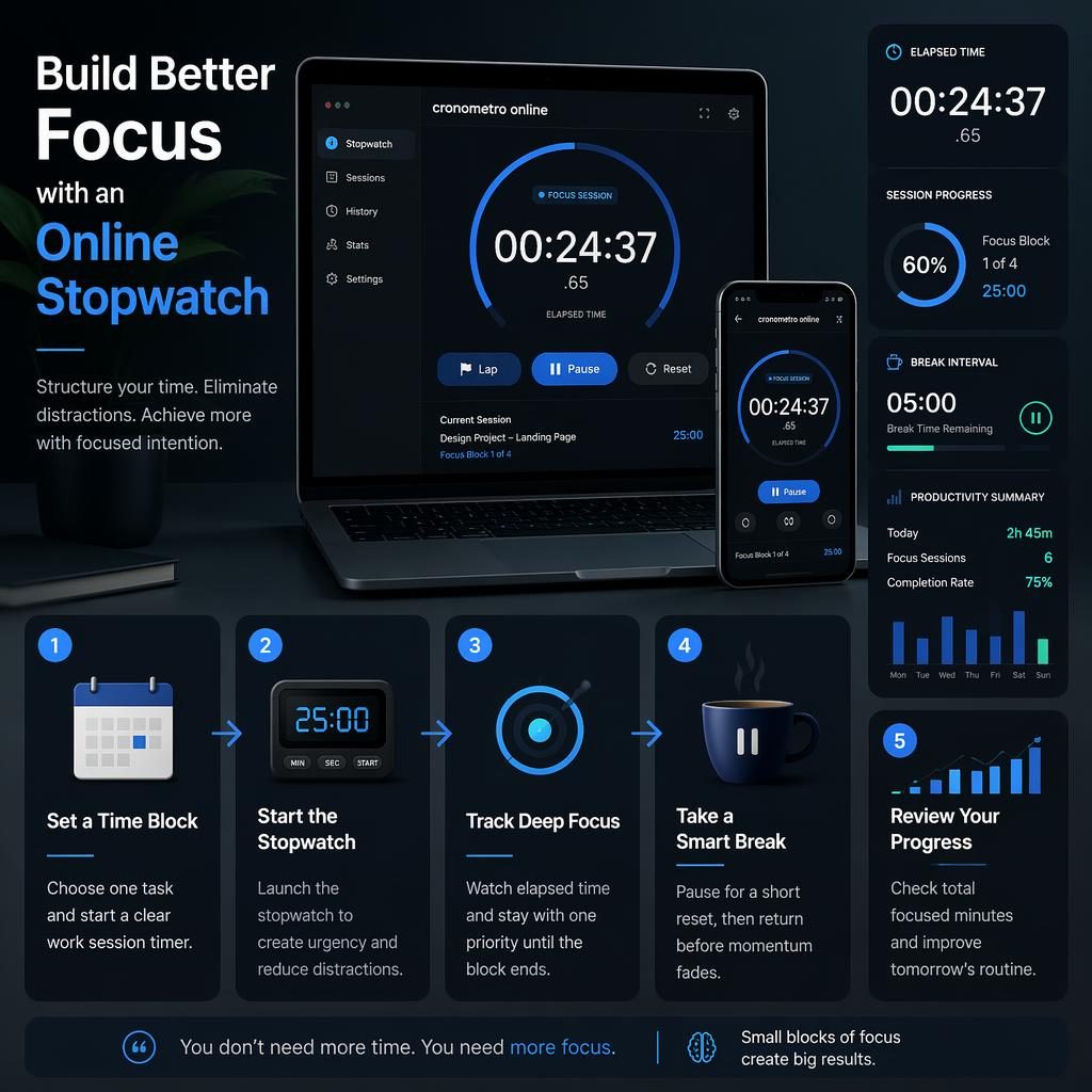 Infográfico em modo escuro com cronometro online, 5 cards numerados, widgets de tempo e painel digital azul e teal.