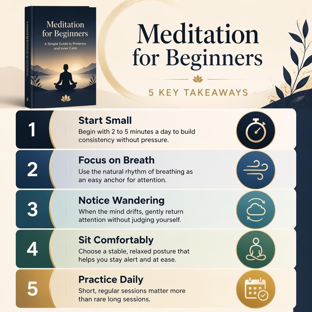 Editorial infographic for Meditation for Beginners with 5 numbered panels, icons, book-style cameo, and monochrome gradient design.